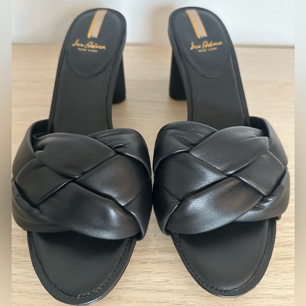 Sam Edelman Black Leather Braided Mule Heels Size 9 | Chunky Slide Sandals